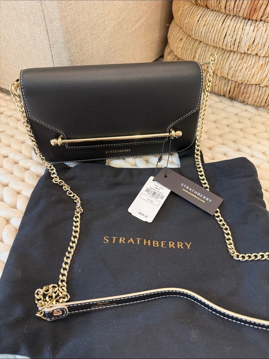 Strathberry Handbags - Strathberry Black Leather Crossbody with Gold Bar and Chain